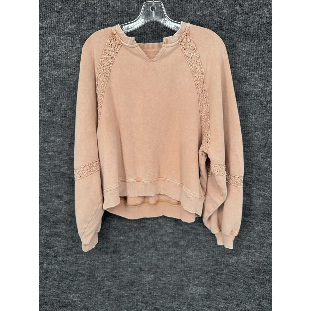 Aerie Sweatshirt Womens XS Pink Crewneck Fleece Pullover Crochet Lace Raglan - Picture 5 of 9